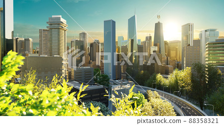 Virtual design green cityscape skyline with curvy highway road Virtual design green cityscape skyline with curvy highway road 88358321