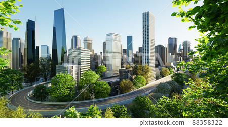 Virtual design green cityscape skyline with curvy highway road Virtual design green cityscape skyline with curvy highway road 88358322