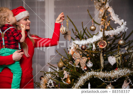 Mom hangs Christmas tree bobcats on a live pig together with her two-year-old son. 88358337