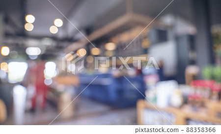 Blurred background shopping mall light bokeh business event in retail store. Blurry abstract background of store grocery. Blur Convention hall center audience present display goods products on shelf. 88358366