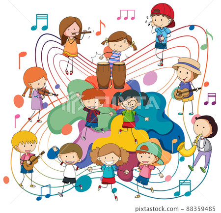 Happy children playing musical instruments with music notes on white background Happy children playing musical instruments with music notes on white background 88359485