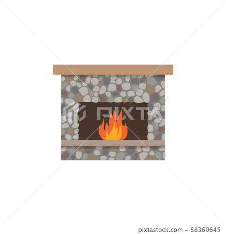 Classic stone fireplace with burning fire inside, flat vector illustration isolated on white background. 88360645