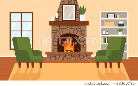 Living room interior with brick fireplace, armchairs and bookshelf - flat vector illustration. Living room interior with brick fireplace, armchairs and bookshelf - flat vector illustration. 88360756