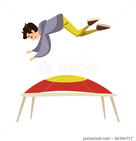 Guy does acrobatic exercises on trampoline, flat vector illustration isolated. Guy does acrobatic exercises on trampoline, flat vector illustration isolated. 88360757