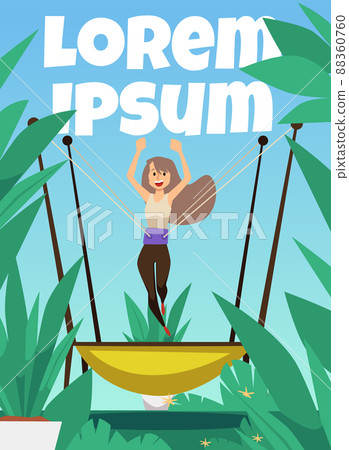 Poster with girl jumping with trampoline jumping rope flat vector illustration. 88360760