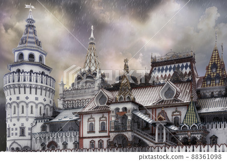 The iconic complex Kremlin in Izmailovo aka Izmailovsky Kremlin, a cultural center in Moscow, Russia in a winter snowy dask The iconic complex Kremlin in Izmailovo aka Izmailovsky Kremlin, a cultural center in Moscow, Russia in a winter snowy dask 88361098