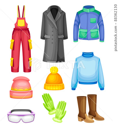 Winter Clothes and Warm Outerwear with Coat, Boots and Hat as Protection Against Cold Weather Vector Set 88362130