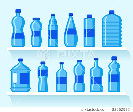 Plastic water bottle icon. Blue liquid container drink, bottle silhouette set. Water cartoon bottles Plastic water bottle icon. Blue liquid container drink, bottle silhouette set. Water cartoon bottles 88362923