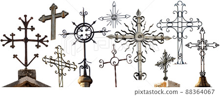 Collection of Religious Crosses in Wrought Iron Isolated on White Background 88364067