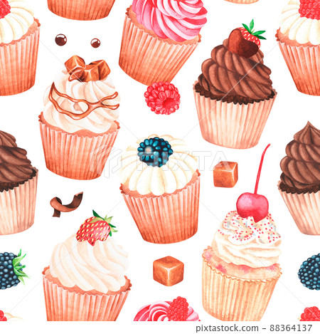Cupcakes seamless pattern. Watercolor illustration. Isolated on a white background. 88364137