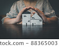 Housing Insurance and Real Estate Owner Protection Concept. House Rental-Sale for Future Wealthy, Home Residential Realtor Sell for Customer. Property Future Invest Agent and Customers Service 88365003