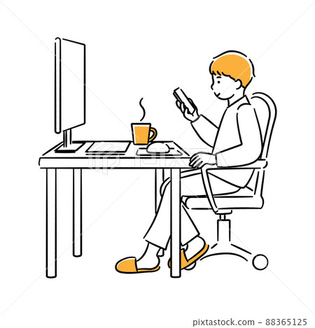 一個男人在家裡的辦公桌工作之間看智能手機的全身插圖 一個男人在家裡的辦公桌工作之間看智能手機的全身插圖 88365125