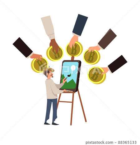 NFT picture with male artist during drawing process flat style 88365133
