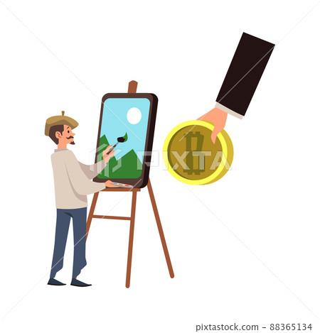 Man with easel and human hand with bitcoin, vector flat illustration isolated on white background Man with easel and human hand with bitcoin, vector flat illustration isolated on white background 88365134