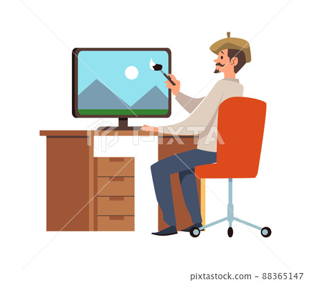 Artist draws with brush on the monitor screen Artist draws with brush on the monitor screen 88365147