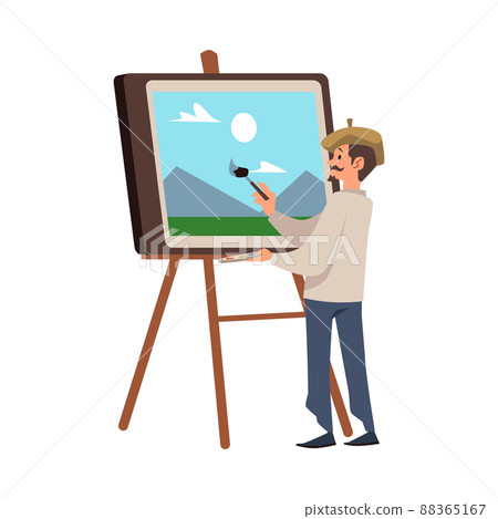 Painter or artist at easel creating artwork flat vector illustration isolated. Painter or artist at easel creating artwork flat vector illustration isolated. 88365167