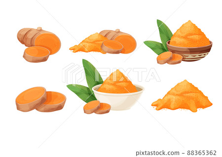 Set turmeric, curcuma dry powder in bowl, cup root in cartoon style isolated on white background. Homeopathy ingredient, aromatic Asian cuisine, close up 88365362