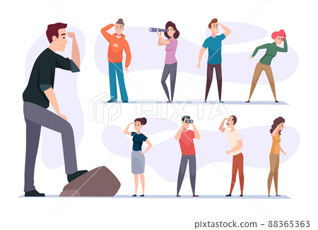 People looking into future. Cheerful purposeful persons good emotions exact vector pictures set in cartoon style 88365363