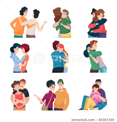 Embracing persons. Positive characters hugs one each others good feeling and positive emotions exact vector set Embracing persons. Positive characters hugs one each others good feeling and positive emotions exact vector set 88365380