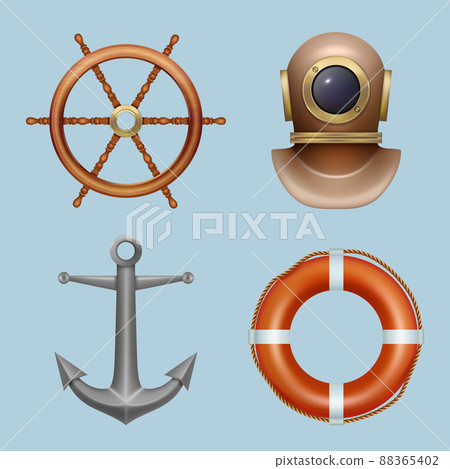 Marine realistic. Space suit lifebuoy anchor steering wheel diving ocean equipment cruising captain safety jacket decent vector set Marine realistic. Space suit lifebuoy anchor steering wheel diving ocean equipment cruising captain safety jacket decent vector set 88365402