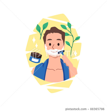 Man with shaving foam on face using razor for beard, flat vector illustration isolated on white background. Man with shaving foam on face using razor for beard, flat vector illustration isolated on white background. 88365786
