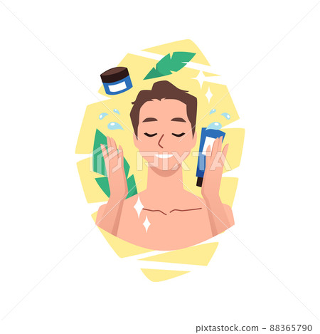 Man cleaning face with beauty products, skin care routine, flat vector illustration isolated on white background. 88365790