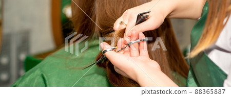A hairdresser is cutting long hair in a hair salon A hairdresser is cutting long hair in a hair salon 88365887