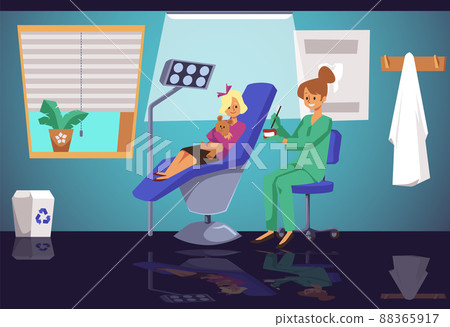 Child girl with teddy bear sits in dentists chair during consultation, flat vector illustration. 88365917