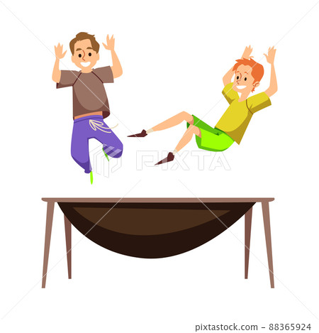 Two boys happily jumping on trampoline, flat vector illustration isolated on white background. Two boys happily jumping on trampoline, flat vector illustration isolated on white background. 88365924