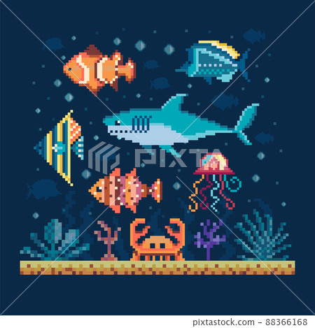 Pixel Art Fishes on Seabed Underwater Landscape Pixel Art Fishes on Seabed Underwater Landscape 88366168