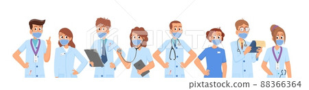 Medical team together. Hospital student, emergency nurse and medic specialist. Cheerful diverse doctors in suits. Pharmacists, dentists, surgery decent vector set 88366364