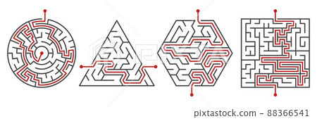Maze ways. Red line pathfinding. Kids educational labyrinth games. Different shapes puzzles. Right solutions. Searching route to entrance from exit. Vector thinking task answers set 88366541