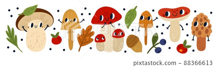 Cute mushrooms characters. Funny anthropomorphic fungi. Cartoon edible and poisonous forest organisms with faces and hands. Autumn leaves and berries. Vector woodland fungus mascots set 88366613