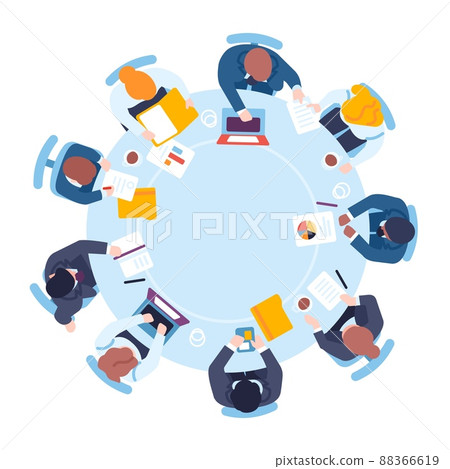 Business people sit at round table top view. Expert meeting. Conference room. Professional opinions. Businessmen exchange ideas. Employees teamwork. Group brainstorming. Vector concept 88366619