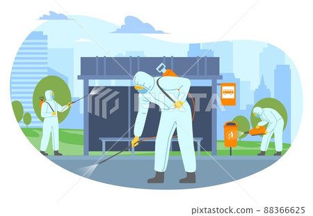 Antiviral disinfection. People in protection treat streets from viral and bacteria hazards. Pathogen cleaning service. Global quarantine. Disinfectors spray chemicals. Vector concept Antiviral disinfection. People in protection treat streets from viral and bacteria hazards. Pathogen cleaning service. Global quarantine. Disinfectors spray chemicals. Vector concept 88366625