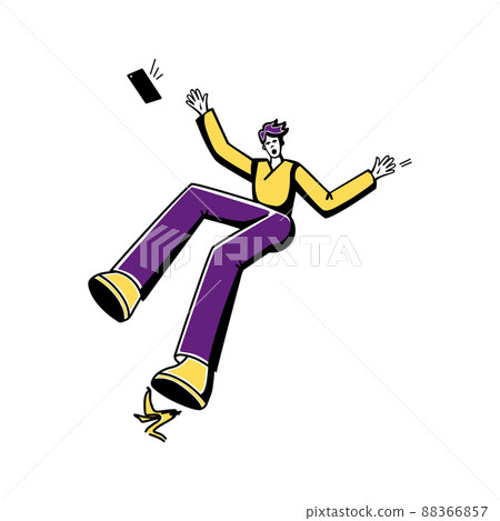 Woman slipped on banana peel. Dropped the phone, fell. Vector cartoon illustration.  88366857