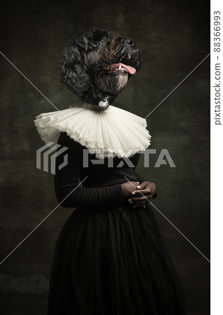 Noble lady. Female medieval royalty person in vintage clothing headed by dog head isolated on dark retro background. Concept of comparison of eras, artwork. Surrealism 88366993