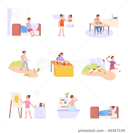 Kids everyday activities. Daily child actions cartoon collection, day time children schedule, study school exercise sleep night bathroom hygiene active playing, vector illustration Kids everyday activities. Daily child actions cartoon collection, day time children schedule, study school exercise sleep night bathroom hygiene active playing, vector illustration 88367149
