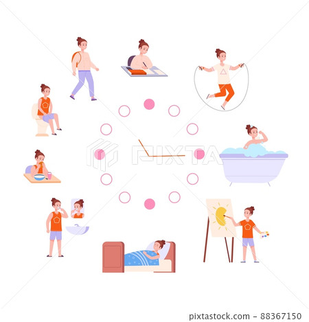 Girl daily schedule. Kid girls activities scheduled routine, cartoon child morning times preschool programm, wash care hygiene eating bath toilet, day clock vector illustration 88367150