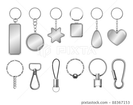 Realistic keyring. Metal key door keychain, metallic chains with blank icons, round circle keyrings, chained holders, steel trinket keys car, identity holder, isolated tidy vector 88367153