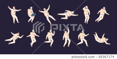 Floating astronaut. Spaceman people in space suit for galaxy travel, moving man and woman work navy cosmonaut, jetpack jump outer gravity 88367174