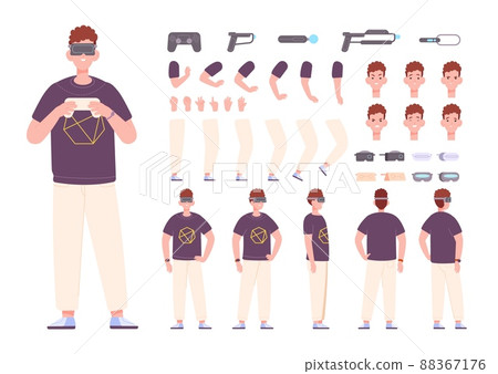 Vr character animation. Man in headset virtual augmented reality body gestures construction, electronic glasses interactive controller 3d joystick 360 Vr character animation. Man in headset virtual augmented reality body gestures construction, electronic glasses interactive controller 3d joystick 360 88367176