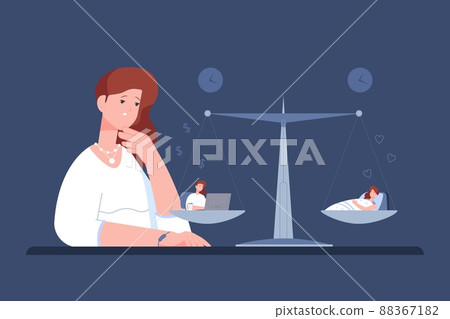 Businesswoman chooses time. Tired woman life choice between work and sleep, wellbeing balance, stressed job or health recreation, vector illustration Businesswoman chooses time. Tired woman life choice between work and sleep, wellbeing balance, stressed job or health recreation, vector illustration 88367182