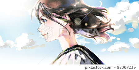 女學生插圖的輪廓顏色、藍天背景、人的中心 88367239