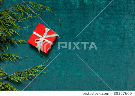 Red gift box with coniferous branches on shiny neon green background Red gift box with coniferous branches on shiny neon green background 88367669