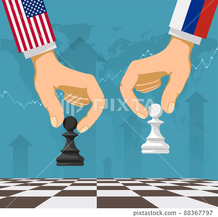 People with USA and Russia flags play chess People with USA and Russia flags play chess 88367797