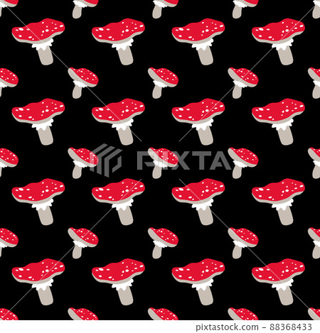 Seamless vector pattern with cute cartoon forest mushrooms fly agaric on a black background. Creative design for printing on fabric, Wallpaper and scrapbooking. EPS 88368433