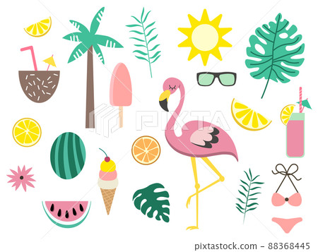 summer icons set, ice cream, drinks, palm leaves, fruits and flamingo. Bright summertime poster set. Collection of scrapbooking elements for beach party. EPS summer icons set, ice cream, drinks, palm leaves, fruits and flamingo. Bright summertime poster set. Collection of scrapbooking elements for beach party. EPS 88368445