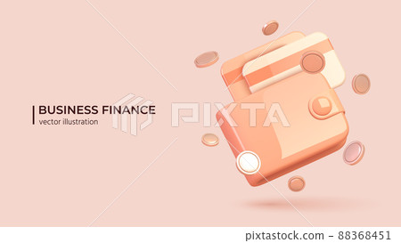 3D render of pink wallet with cards and coins around it. 3D render of pink wallet with cards and coins around it. 88368451