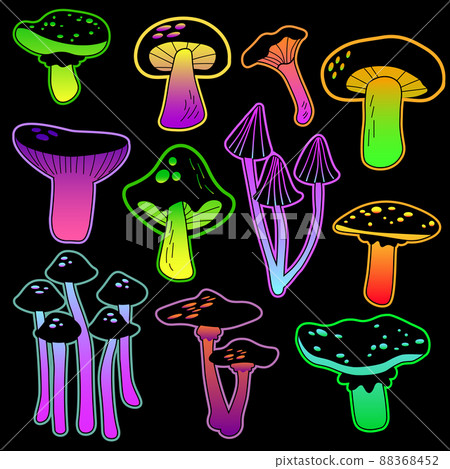 Psychedelic neon mushrooms set. Collection of colored acid rainbow mushroom hippy style. vector illustration EPS 88368452
